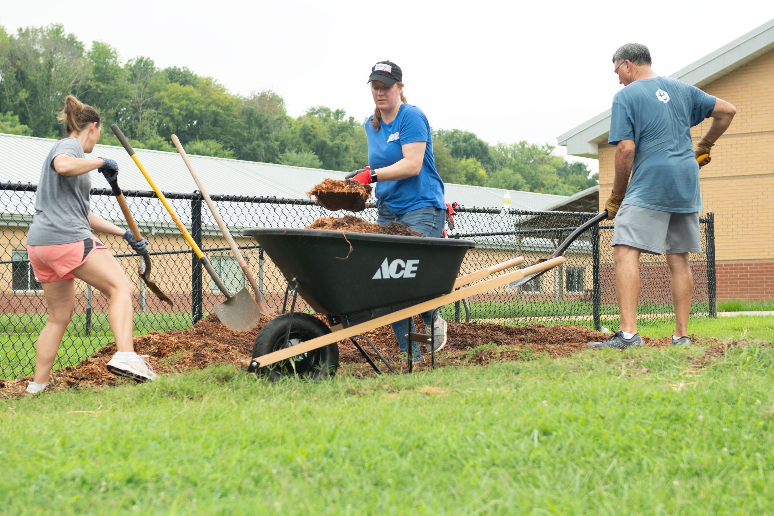 A group shovels mulch