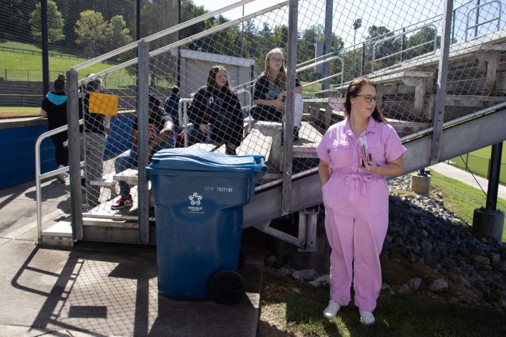RBH Mental Health Week-25 teacher/social worker and students near bleachers at red bank high