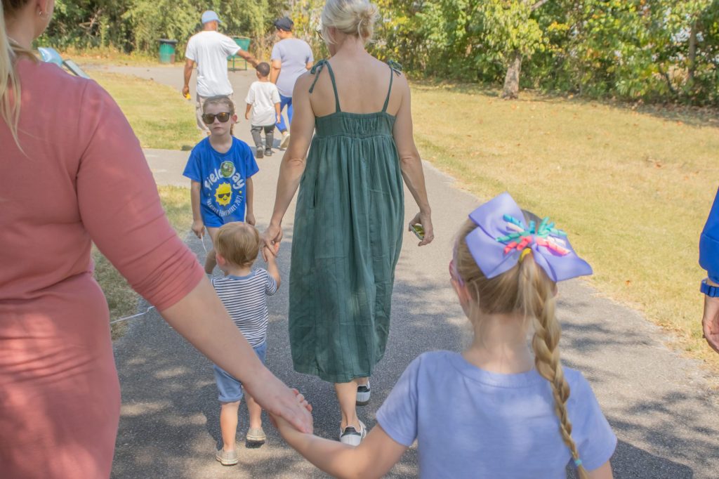 A group walks outside