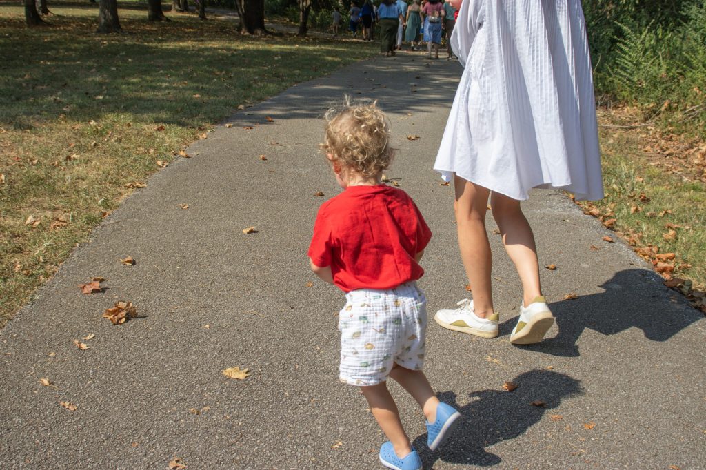 A group walks outside
