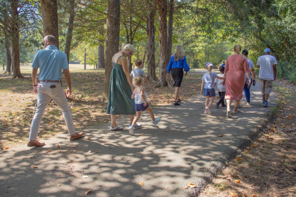 A group walks outside
