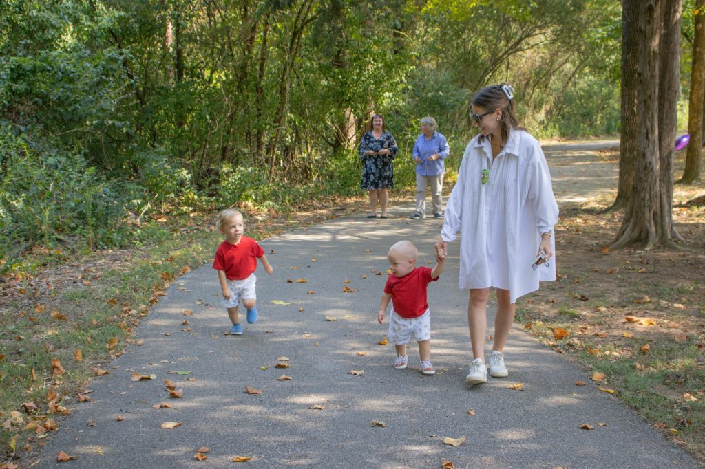 A group walks outside