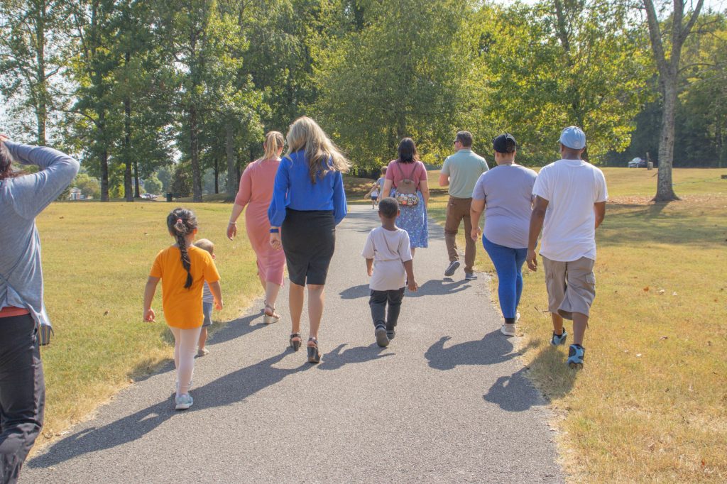 A group walks outside